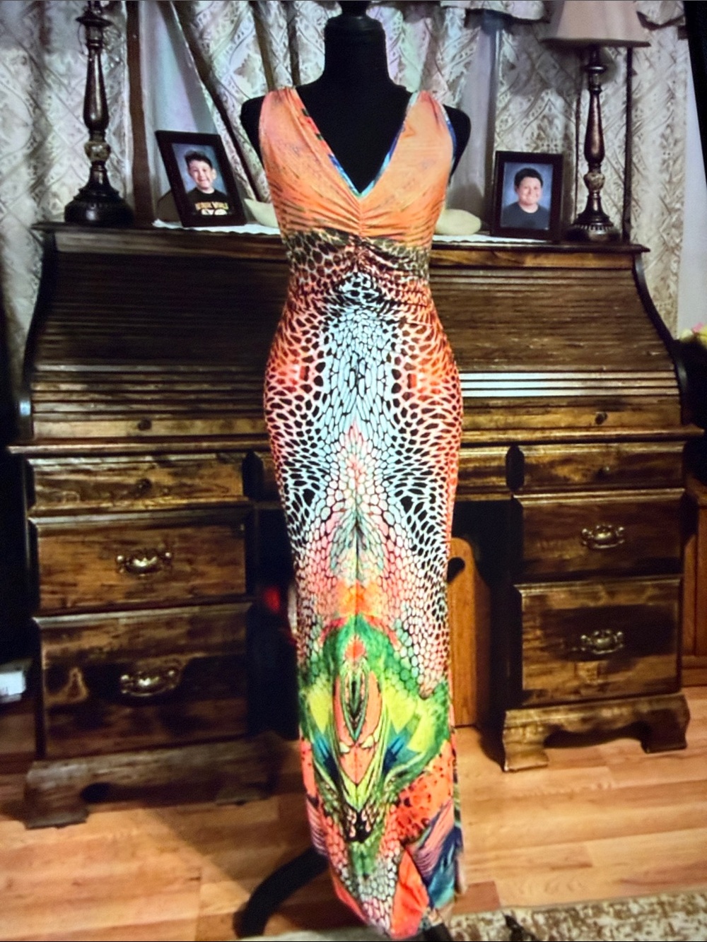 Tropical Print V-Neck Maxi Dress in Orange & Green
